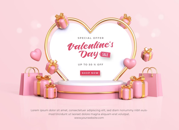 Valentine's day sale banner template with 3d romantic valentine decorations