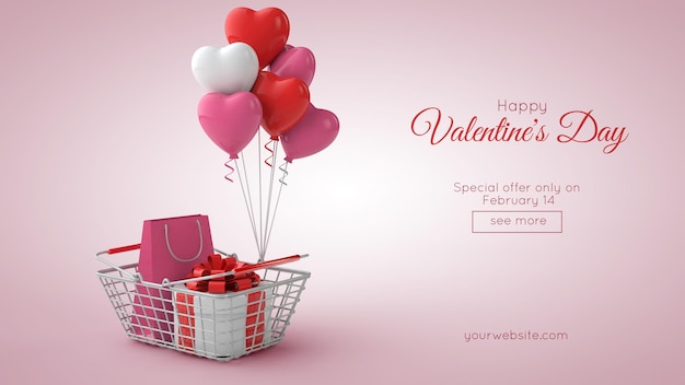 PSD valentine's day shopping and sale mockup in 3d illustration