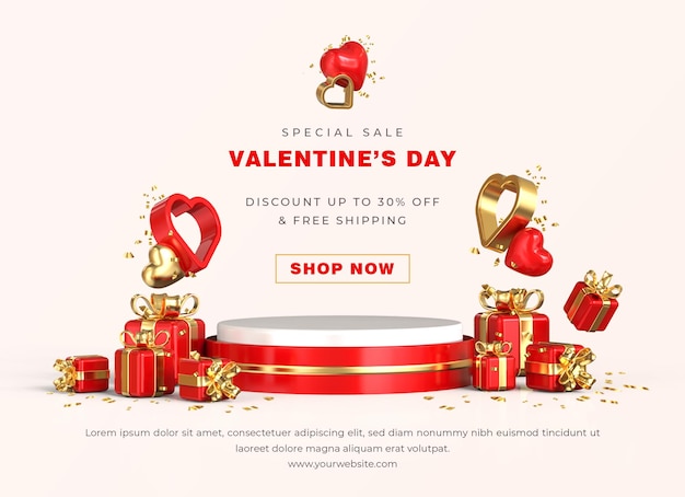 Valentine39s day sale banner template with 3d romantic valentine decorations