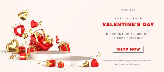 Valentine39s day sale banner template with 3d romantic valentine decorations