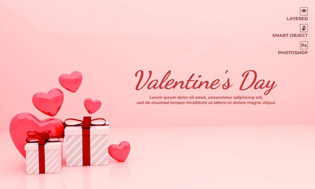 Valentines day 3d render white gift box, red love for background mockup and banner