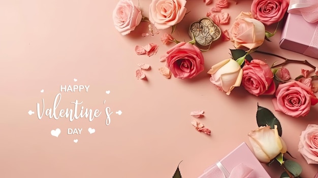 Valentines day background with pink flower sprinkling ornaments and gift boxes