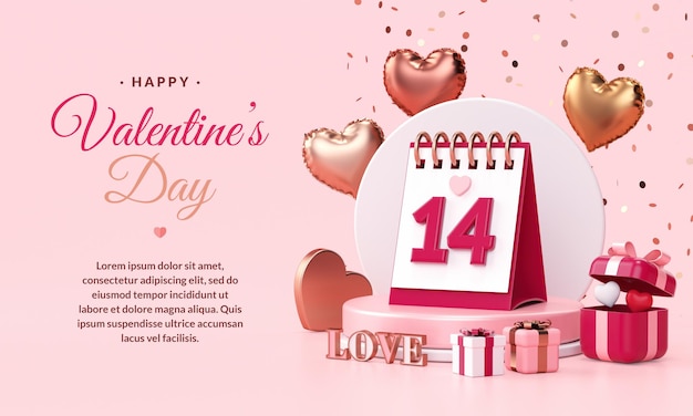 Valentines Day banner background template with calendar heart balloons gifts and festive stuff