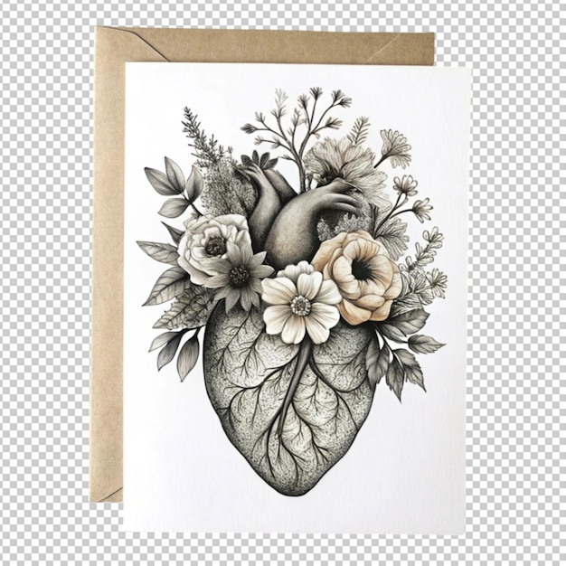 PSD valentines day card anatomical heart with flowers isolated on transparent background