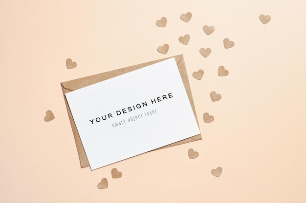 Valentines day card mockup with envelope and paper hearts