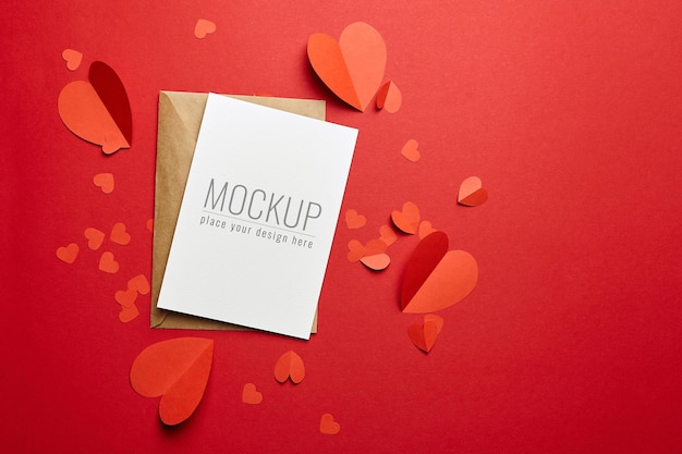 Valentines day card mockup with envelope and red paper hearts