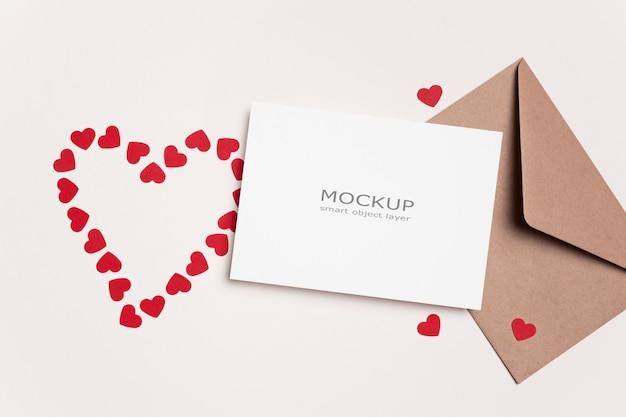 Valentines day flat lay with blank paper card mockup with heart