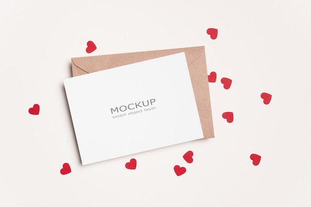 Valentines day flat lay with blank paper card mockup with red hearts