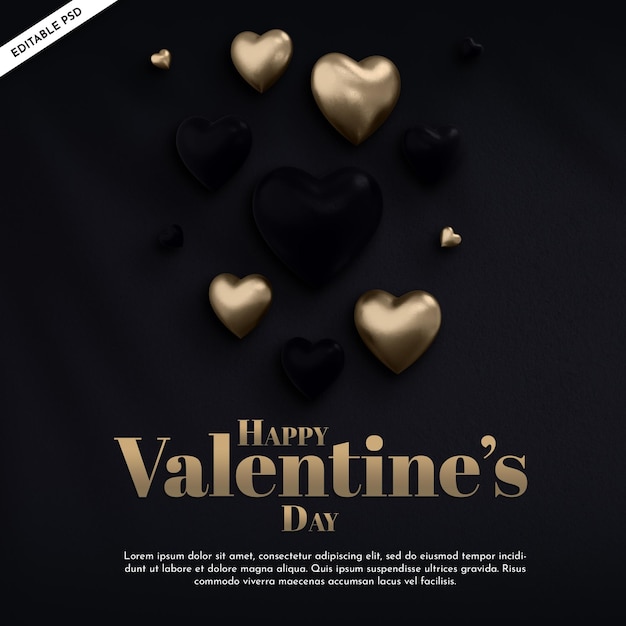 Valentines day golden mockup with realistic hearts