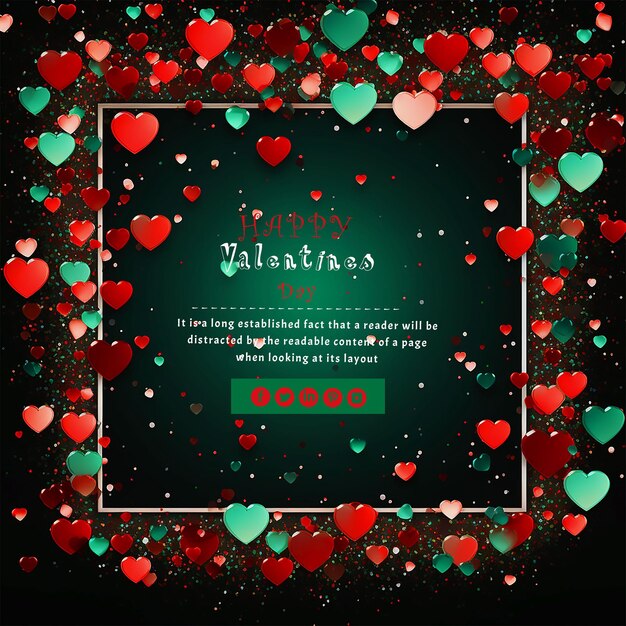 PSD valentines day green card with falling sparkles valentines day background