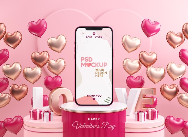 Valentines day mobile phone screen mockup with heart balloons on a pink background in 3D rendering