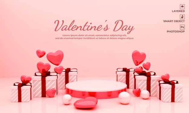 Valentines day podium blank space, and gift box 3d render for mockup, background, banner