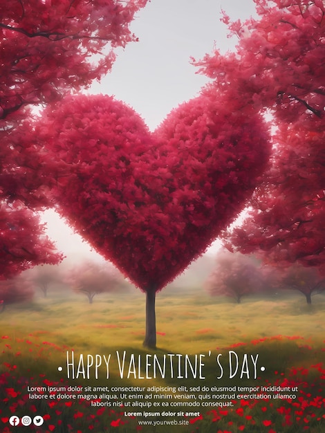 PSD valentines day poster template with pink heart shaped tree and beautiful fantasy landscape