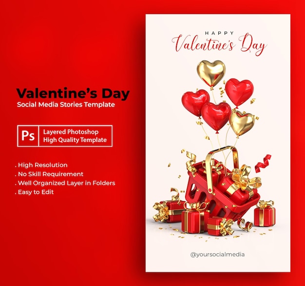 Valentines Day Social Media Story Template with 3d Romantic Valentine Decorations