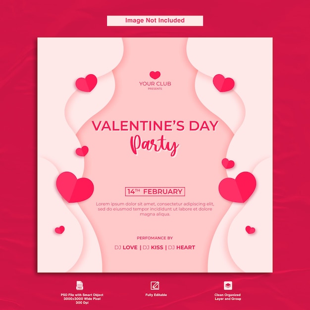 Valentines Party Invitation Card Pink Minimalist Theme Instagram Post Template Design