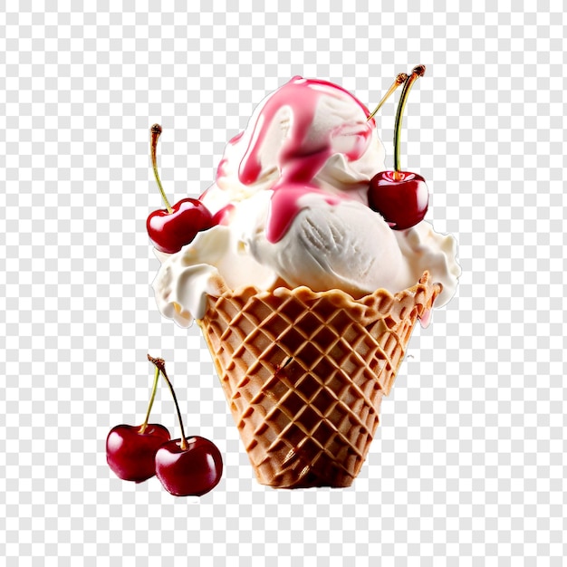 PSD vanilla and cherry ice cream waffle isolated on transparent background