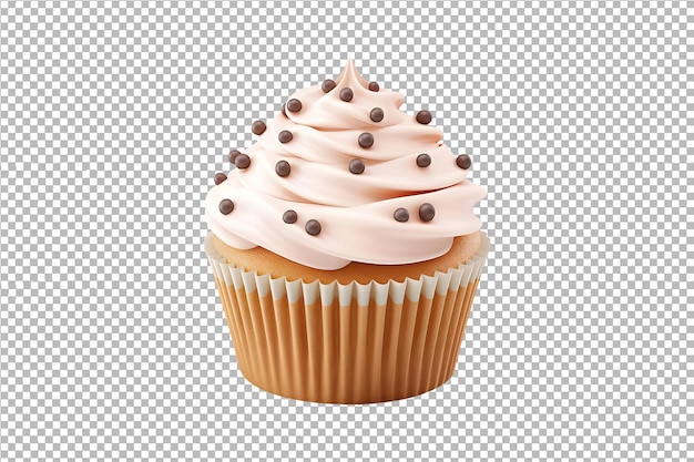 Vanilla cupcake with round chocolate sparkling on top isolated on transparent background