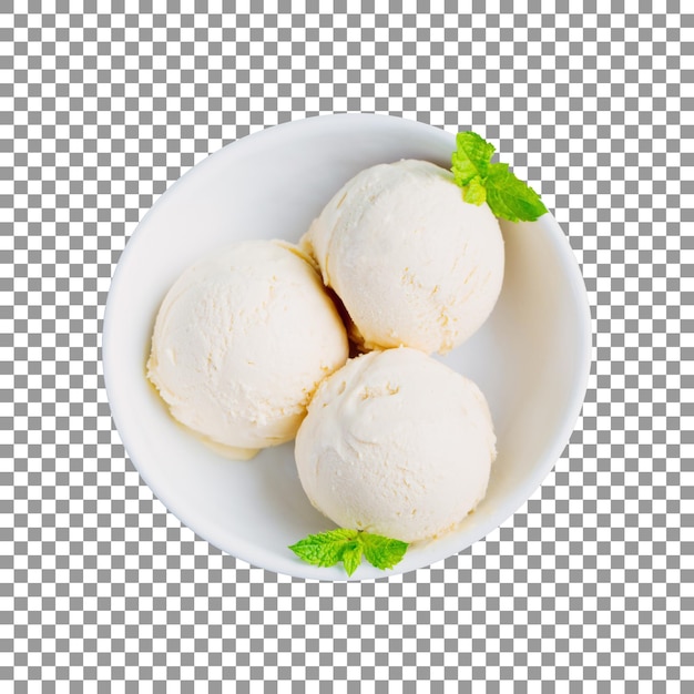 Vanilla Ice cream scoops in a white bowl isolated on transparent background