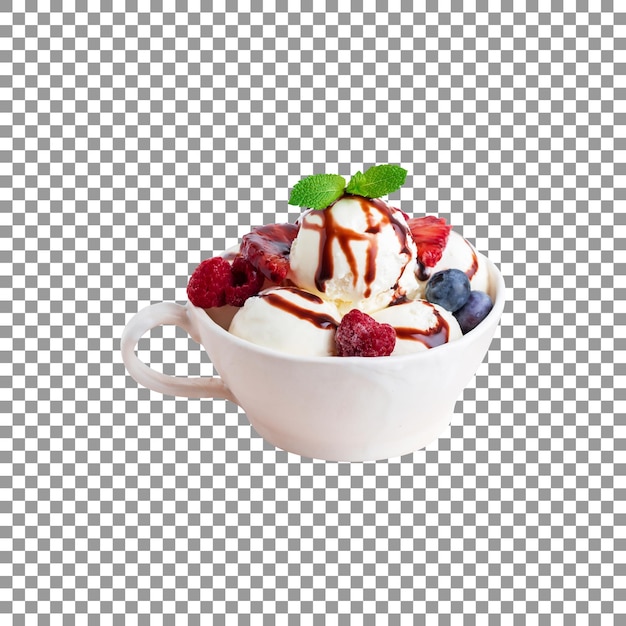 Vanilla ice cream with berries and syrup in mug isolated on transparent background