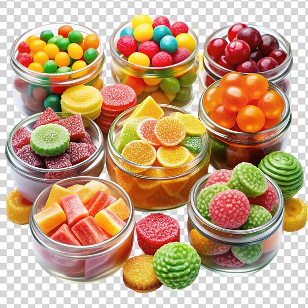 PSD a variety of candy in glass bowls on transparent background