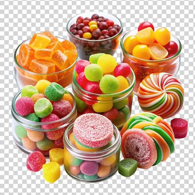 PSD a variety of candy in glass bowls on transparent background