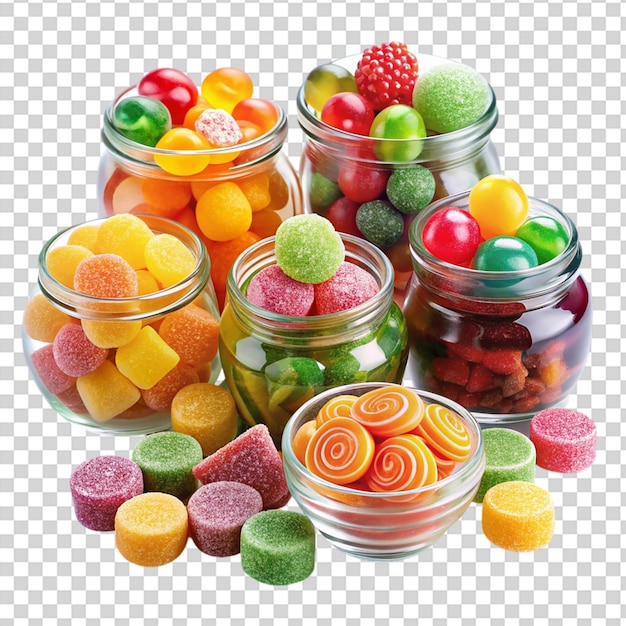 PSD a variety of candy in glass bowls on transparent background