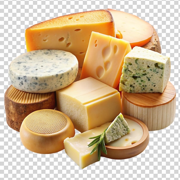 PSD a variety of cheeses are displayed on a table on transparent background