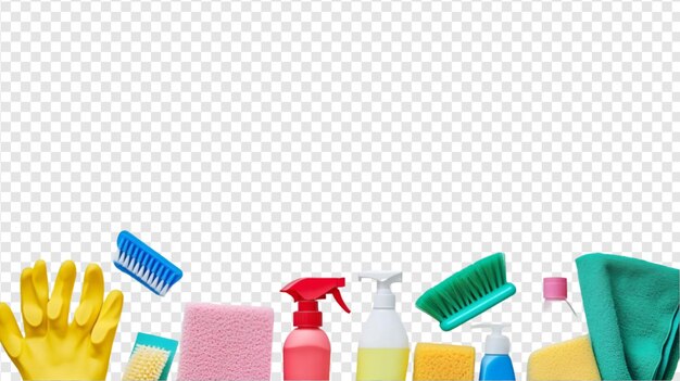 PSD variety of colorful cleaning supplies arranged on a transparent background