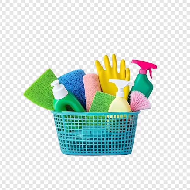 PSD variety of colorful cleaning supplies neatly arranged in a basket on a transparent background