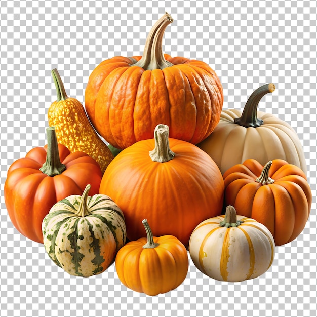 Variety of colorful pumpkins and gourds isolated on transparent