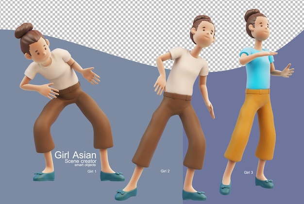 A variety of3d Character A young chia girl with a variety of gestures.  tropical trees