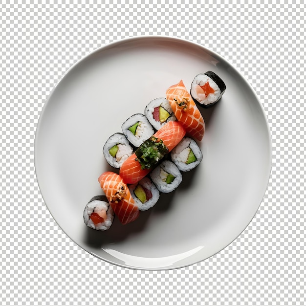 variety of sushi on a white plate transparent background