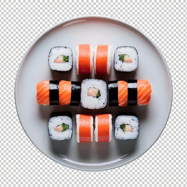 variety of sushi on a white plate transparent background