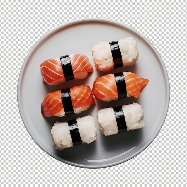 variety of sushi on a white plate transparent background