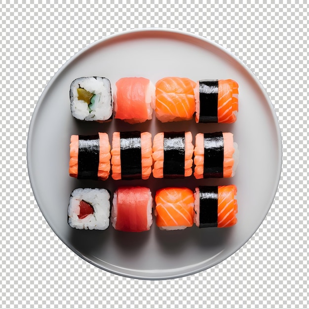 variety of sushi on a white plate transparent background