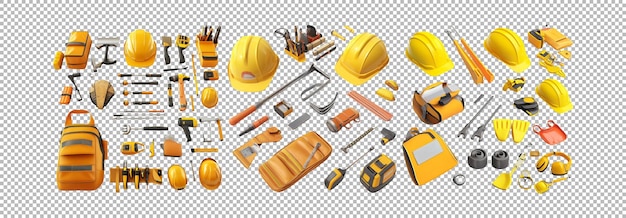 PSD variety of yellow construction tools and gear