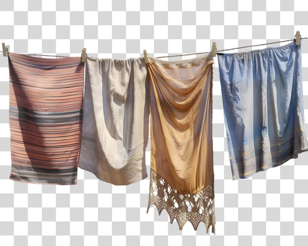 PSD various colorful clothes hanging on a clothesline outdoors on transparent background