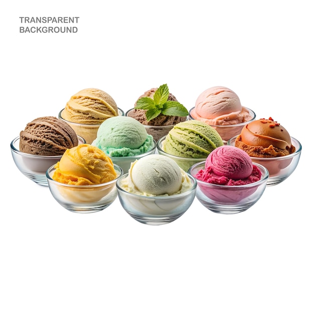 PSD various delectable flavours of ice cream are in multiple bowls separated on a clear background