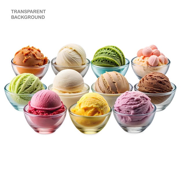 PSD various delectable flavours of ice cream are in multiple bowls separated on a clear background