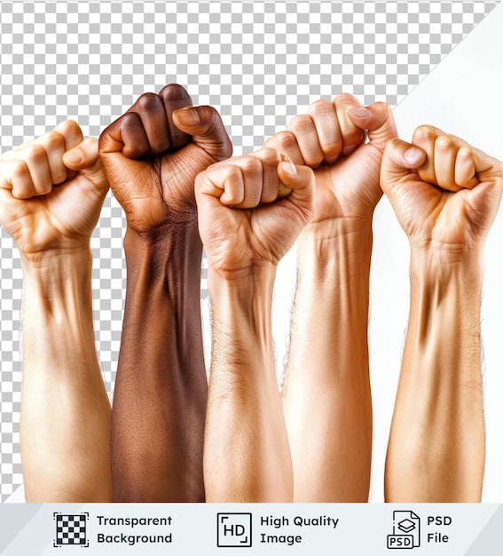 PSD various fists raised in solidarity on transparent background with group of hands raised in