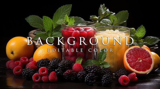 Various fruit juices and their ingredients on a stone table background