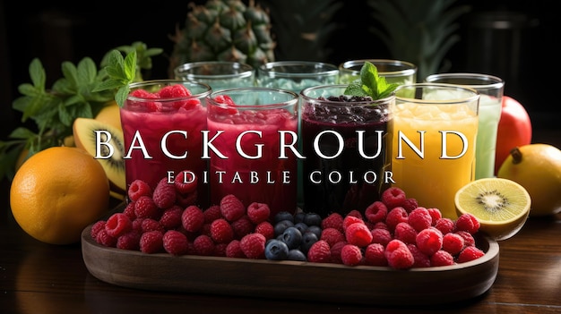 PSD various fruit juices and their ingredients on a wooden table background