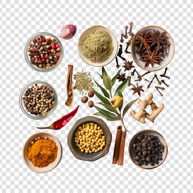 PSD various herbs and spices on a white background