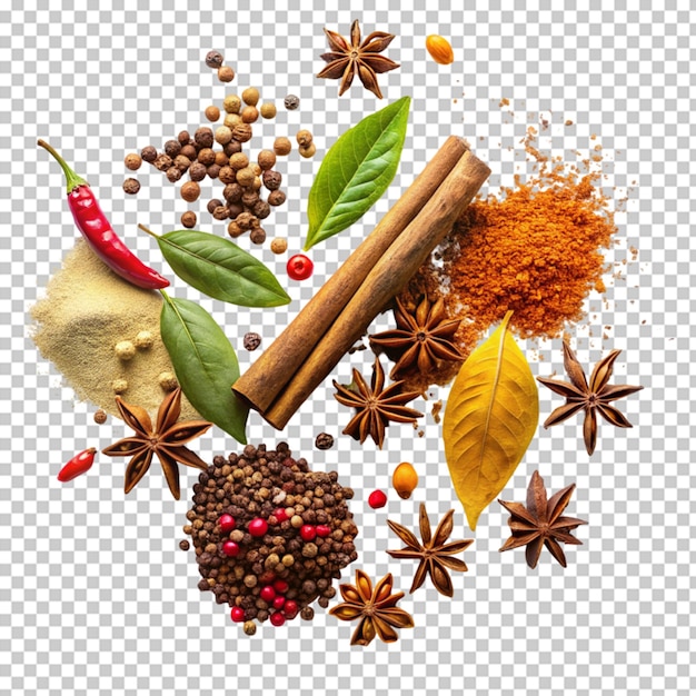 various indian spices and seasonings on a transparent background