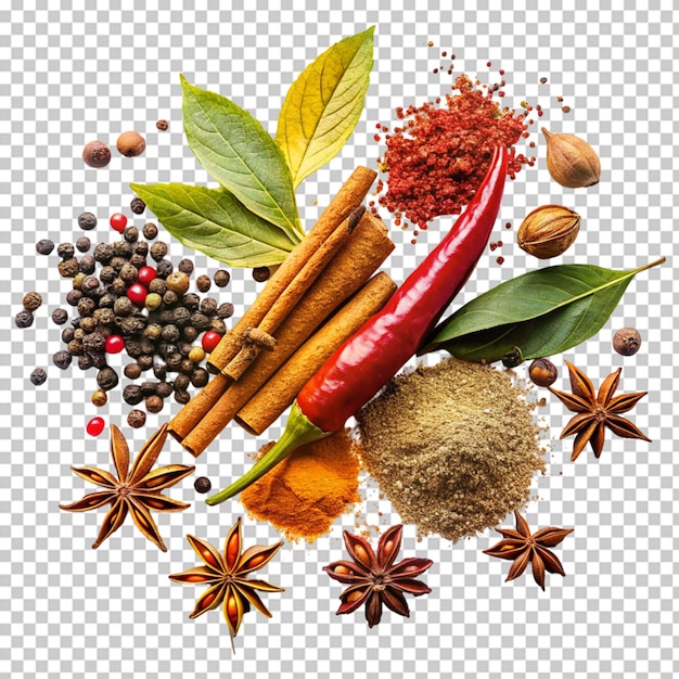 various indian spices and seasonings on a transparent background