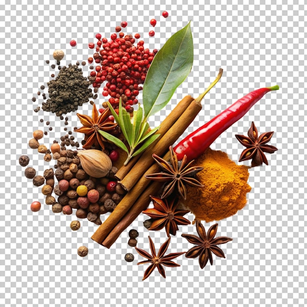 various indian spices and seasonings on a transparent background