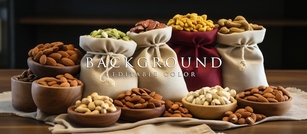 various kinds of nuts in sacks organic food and natural products