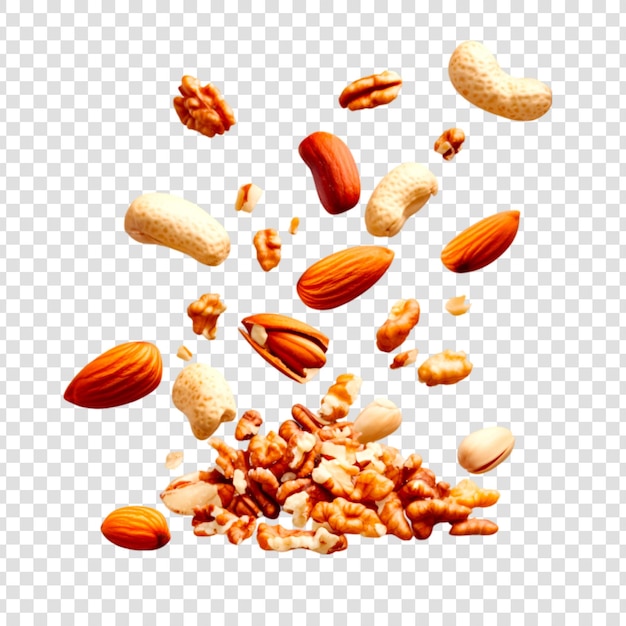 PSD various nuts falling isolated on a transparent background