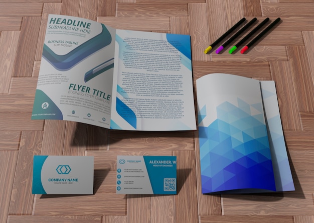 Various office supplies and pencils for brand company business mock-up paper