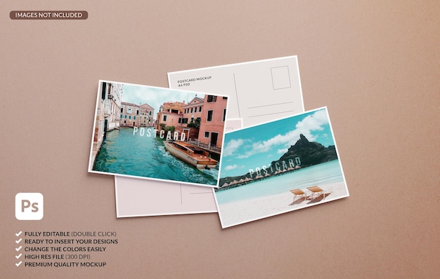 PSD various postcards mockup template on a color background in flat lay